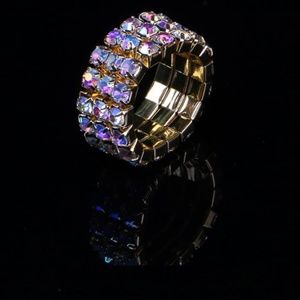 Crystal Aurora Borealis 3 Row Gold Stretch Ring